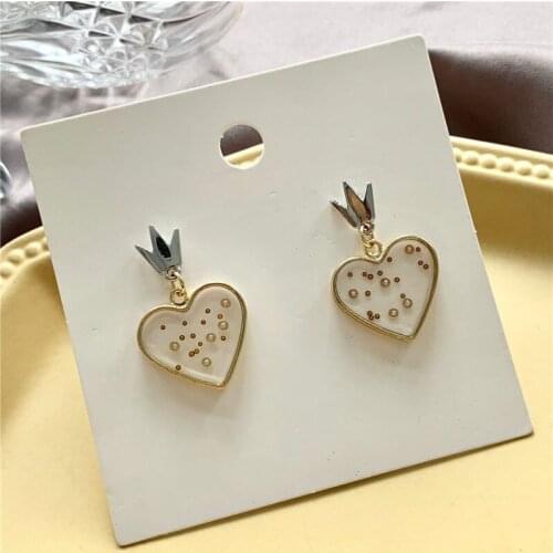 Romantic Sweet Metal Crown Frosted Transparent Heart Love Pearl Inlaid Drop Pendent Earrings for Women Girls Ear Jewelry Gift