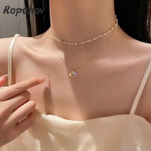 ROPUHOV 2021 New Korean Trendy Fashion New Pearl-encrusted Diamond Double-layer Necklace Neck Chain Collarbone Chain Retro