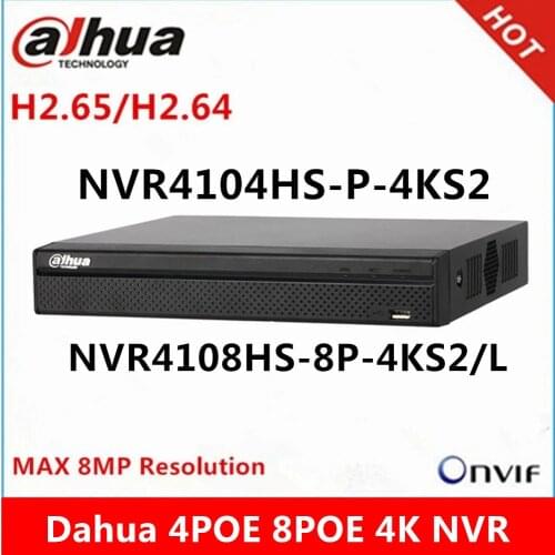 Dahua NVR4104HS-P-4KS2 4CH with 4 POE NVR4108HS-8P-4KS2/L 8ch with 8PoE ports Max 8MP Resolution 4K H.265 Network Video Recorder