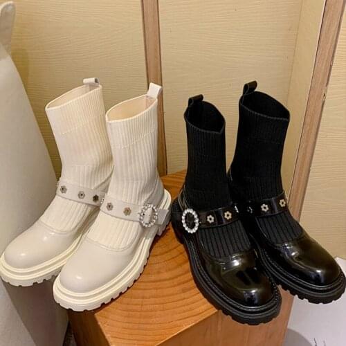 Women Martin Boots 2021 Fashion Autumn Winter Round Toe Square Heels Shoes Female Korean Style Ladies Mid Calf Mid Booties