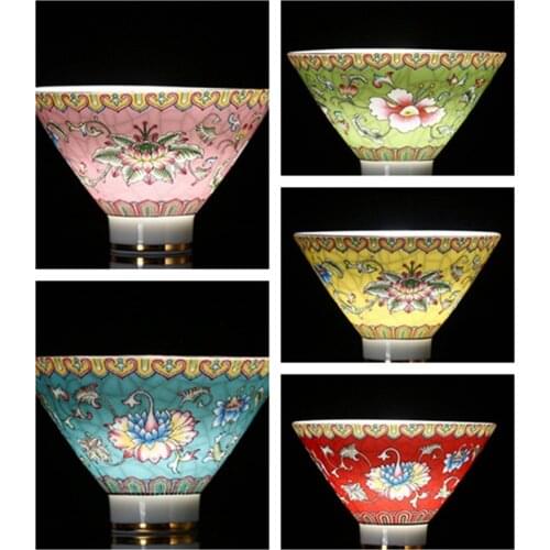 2pcs/Lot Color Enamel Ceramic Tea Cup Pink Yellow Green Blue Red Bamboo Hat Porcelain Tea Cup Chinese Ceramic Tea Cup