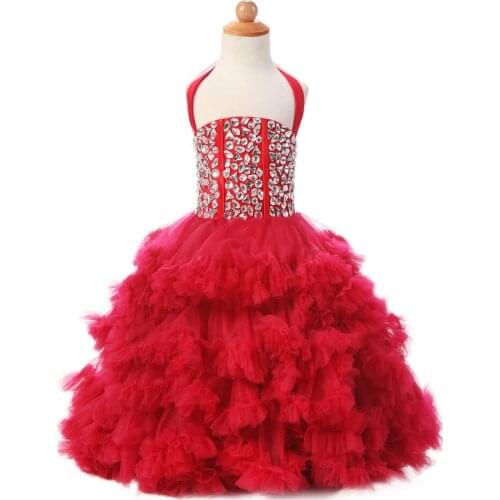 2017 Ruffles Burgundy Halter Crystal Flowers Baby Girl Dresses pageant dresses for little girls