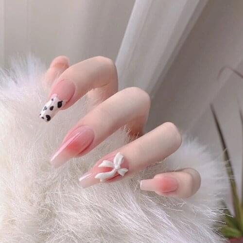 24pcs Bow Nail Patch Mid Length Ballerina Acrylic Artificial Nails Women Summer Nail Decorations False Nail Patch with Glue