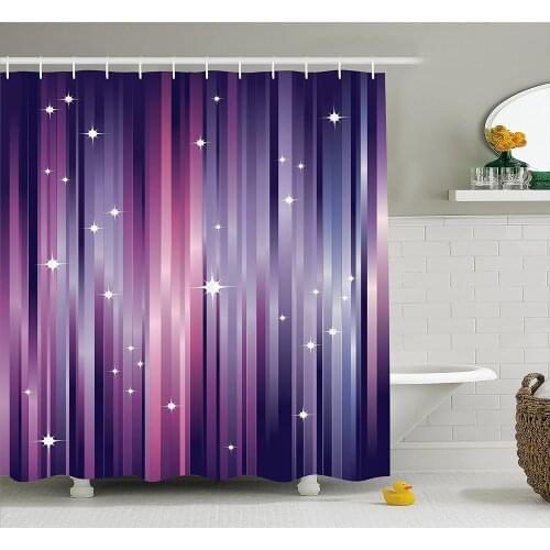 Eggplant Shower Curtain Abstract Colourful Beams Backdrop with White Stars Space Inspired Purple Lines Waterproof Bath Curtains