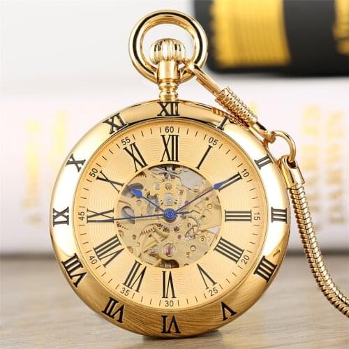 Gold/Silver Roman Numerals Display Open Face Mechanical Self-Winding Pocket Watch Retro Luxury Men Women Pocket Pendant Clock
