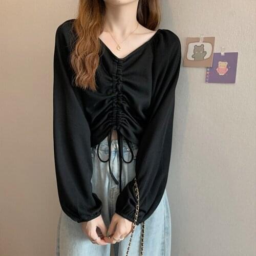 Black Draw String Long Sleeved Plus Size Korean Autumn Elegant Fashion Blouses And Tops WomenS Oversize T-Shirt Clothing 2021