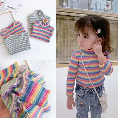 Girls Striped Rainbow T-shirt 2019 Autumn New Children Long Sleeve Round and High Collar Neck Cotton Bottoming Shirt Kids Tops
