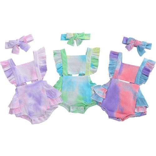 0-24M Newborn Baby Girls Tie-Dye Rompers Ruffles Short Sleeve Lovely Jumpsuits Headband 3 Colors