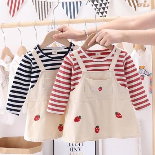 Kids Baby Girl Cute Dress 1-6T Toddler Girls Cotton Striped Long-Sleeved Dresses Children Casual Fake Two Piece Clothes Outfits