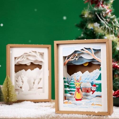 DIY Christmas Paper Diorama Christmas House Snowman Elk Christmas Gifts for Kids Diorama Supplies Led Light Brush and Paints