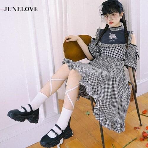 JuneLove Kawaii Lolita Dress Women Summer Japanese Harajuku Sweet Cute Print Dress Ruffle Lace Designer Casual Party Plaid Dress