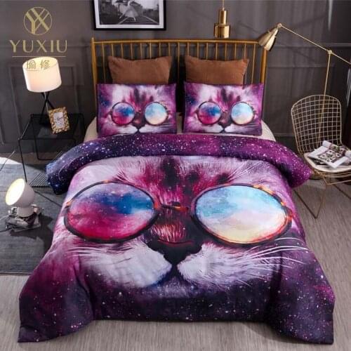 YuXiu Classic 3D Duvet Cover Sets Bed Linen Black Cool Cat Animal Linens Quilt Covers Bedding Set 3Pcs Full Queen King Single