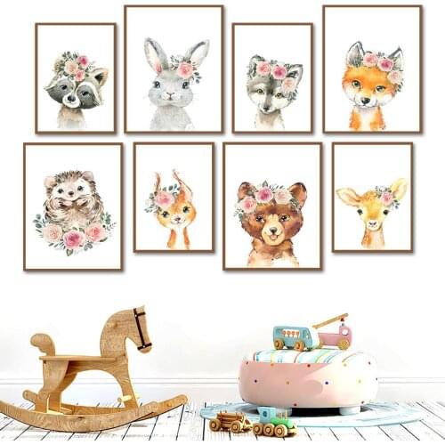 Cartoon Animals Deer Rabbit Fox Hedgehog Flower Wall Art Canvas Painting Nordic Posters And Prints Wall Pictures Kids Room Decor