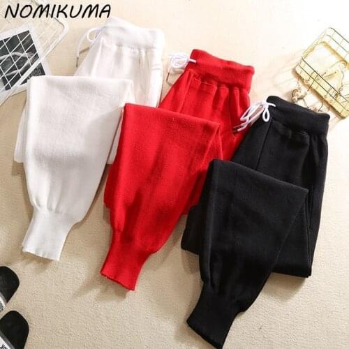 Nomikuma 2020 Autumn New Knitted Harem Pants Korean Drawstring Lace Up High Waist Long Trousers Causal Pocket Pants Femme 6C537