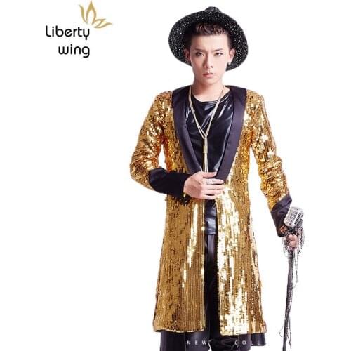 New Brand Mens Singer Star Show Trench Nightclub Gold Bling Costume Jackets Shiny Sequins Long Coats Size XL