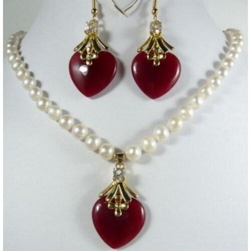 Charm 7-8mm white pearl necklace 17" red heart jade earring pendant