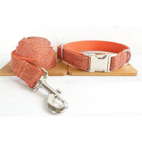 Customized Dog Collar Engraved Puppy ID Tag Leash Collar Set Adjustable Outdoor Solid Fiber Cotton Pet Collar Leash ORANGE SUIT