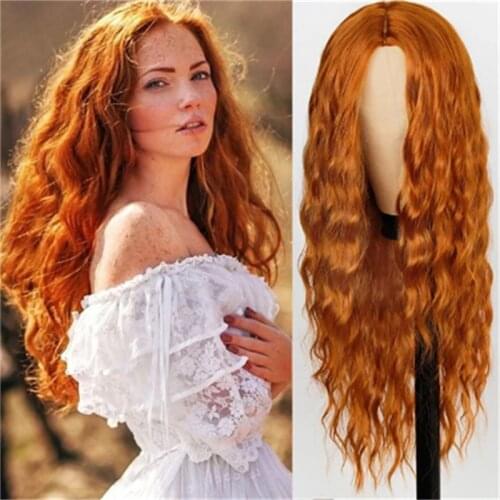 Orange Long Natural Wave Middle Part Hair Wig Fashion Cosplay Heat Resistant Synthetic Wig For Women Cos Wig Daily Use 70cm