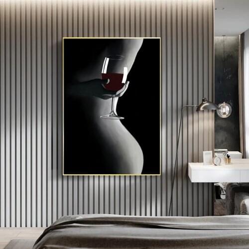 Canvas Prints Nude Woman Wine Glass Painting Black White Sexy Girl Posters Wall Art Modern for Living Room Home Decor Pictures
