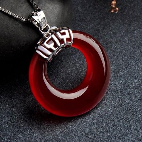 Natural Red Chalcedony 925 Silver Inlaid Ruyi Lock Pendant Fashion Boutique Jewelry Mens and Womens Red Agate Necklace