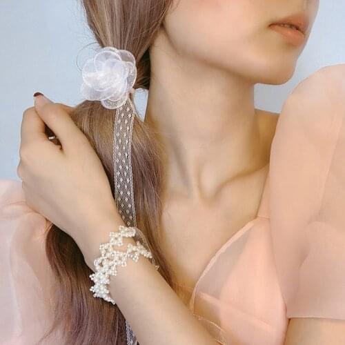 New Women Elegant Braided Pearl Long Streamer Flower Bow Hair Bands Girls Sweet Dual Purpose Headband Fashion Hair Accessories