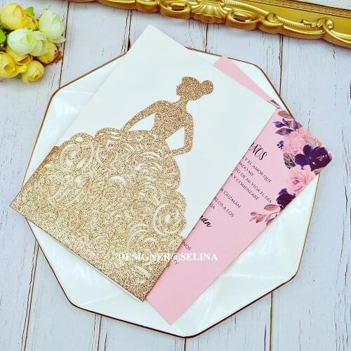 Rose Gold Wedding Cards with Pink Insert and Envelope DIY Laser Cut Invitations for Sweet 15 Birthday Party Customized Printing