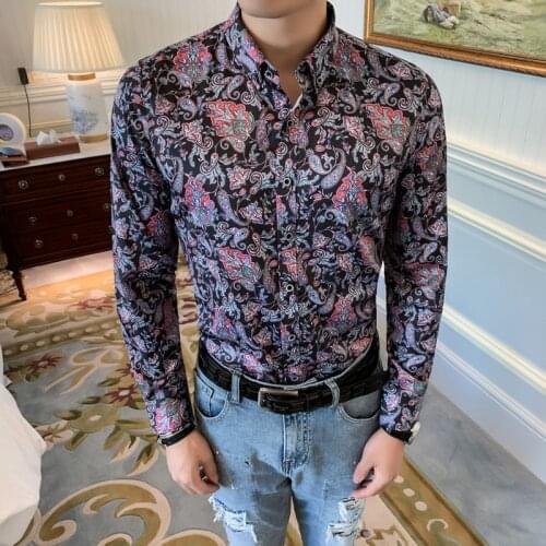 Shirt Men Flower Retro Brand Casual Shirt Men 2020 Men Dress Shirt Floral Printing Long Sleeve Streetwear Top Vetement Homme