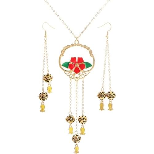 KOMI Polynesian Hawaiian Samoa Marshall Plumeria Flower Enamel Pendant Necklace Beads Long Dangle Earrings Jewelry Set