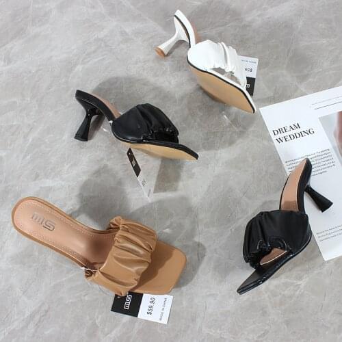 Slippers female 2021 summer new one-word fold open toe high heel sandals stiletto fashionable women shoes 6.5cm