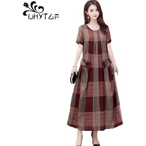 UHYTGF Elegant Mother Summer Dress Fashion Plaid Cotton Linen Casual Thin Dresses Pullover Women Plus Size Clothes Vestidos 1278