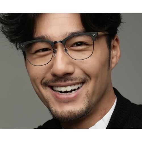 Products Handmade Vintage Wooden Eyeglasses Frames For Men and Retro Round Alloy Optical Eyewear Half Frame for Women B
