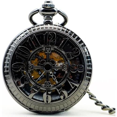 Vintage Steampunk Gears Hollow Black Mechanical Pocket Watch Hand Wind Skeleton Necklace Clock Men Womens Gifts