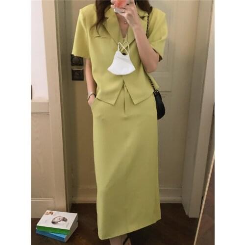 Vintage Solid Female Short Suit Jacket With Elastic Waist Long Skirt Chic Two-piece Womens Suit 2021 Autumn Elegant Lady Blazer