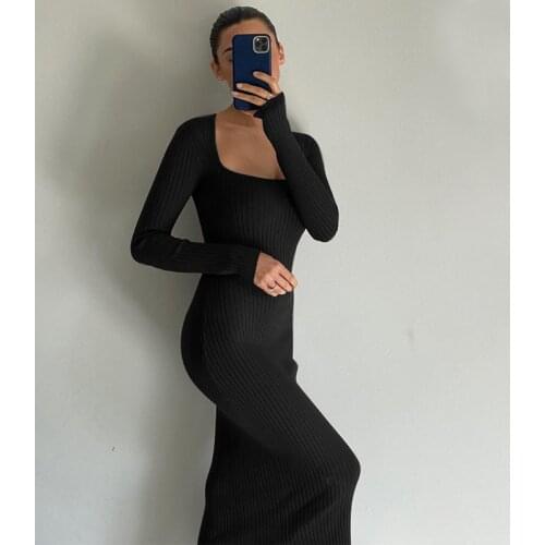 WJFZQM Fashion Elegant Chic Lady Knit Sweater Dresses Women Robe Femme Women Long Sleeves Square Collar Elastic Black Midi Dress