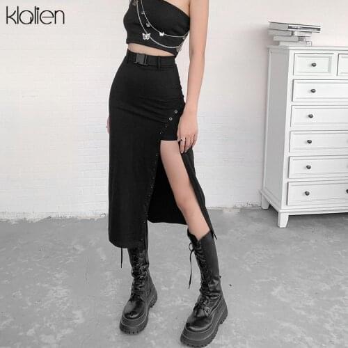 KLALIEN Autumn Sexy Solid Black Split Mid-Calf Skirt New Simple Elegant Korean Office Lady Casual Street High Waist Slim Skirt