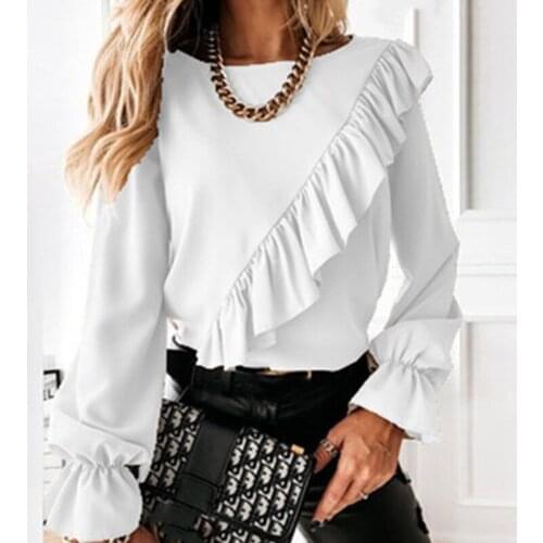 Women Solid Blouse Ladies Fashion Gothic White Shirts Long Sleeve Ruffle Stand Collar Trumpet Sleeve Solid Color Blusas
