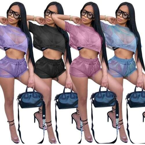 Women 2 Piece Hollow Mesh Crop Top Shorts Set Ladies Summer Bikini Cover Up Chiffon See-Through Swimwear