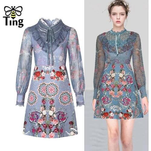 Tingfly Vintage Elegant Lace Patchwork Ruched Stand Collar Floral Print Mini Short Dress Women Casual Fashion Dresses Vestidos