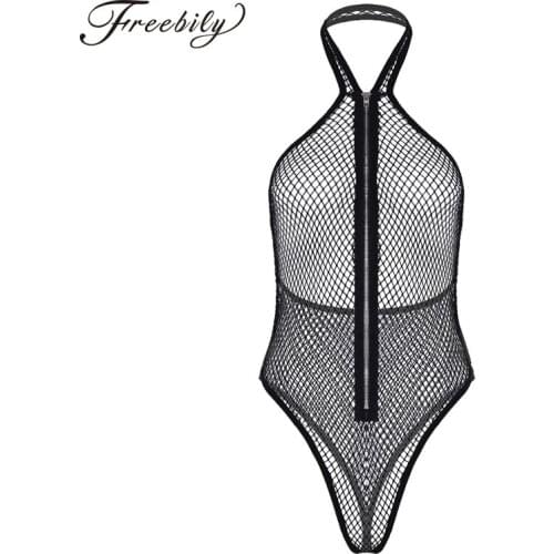 Women Lingerie Porno See Through Fishnet Mesh Halter Neck Bodysuit Sexy Catsuit Wetlook Bodystocking Nightwear Erotic Teddies