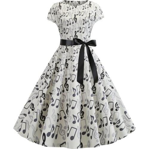 Women Summer Music Note Print Dress 50s 60s Robe Retro Swing Casual Vintage Sleeveless Party Dresses Vestidos Plus Size