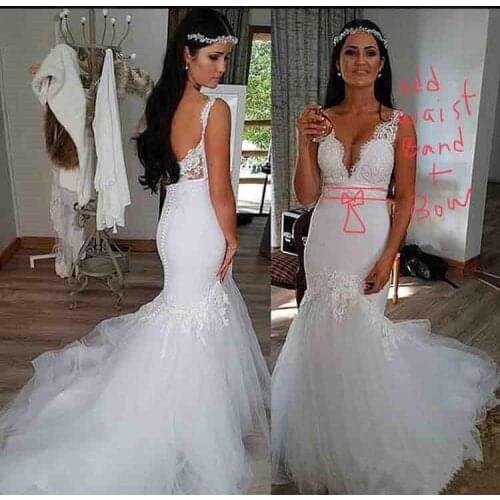 Roomantic Mermaid Wedding Dresses Deep V Neck Backless Handmade Appliques Lace Tulle Sweep Train Stunning Bridal Gowns