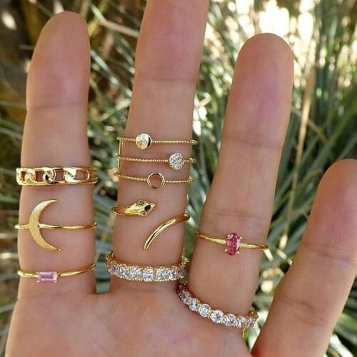 10 Pcs/Set Creative Boho Snake Crystal Rings for Women Punk Bohemian Moon Finger Rings Party Jewelry Accessories