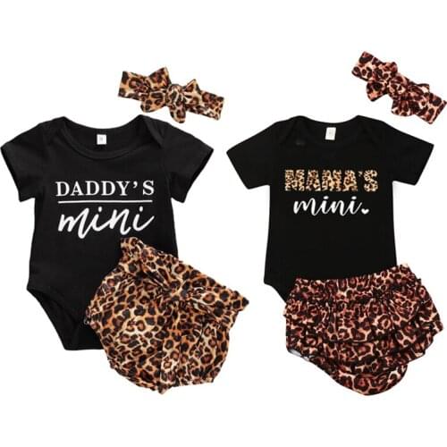 Mom Dad Letter Summer Infant Baby Girls Clothes Sets 3pcs Letter Leopard Short Sleeve Romper Tops+shorts Headband 0-18 Months