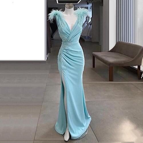 Abendkleider 2021 Mint Green Mermaid Prom Dresses With Detachable Train Sexy High Side Split Long Prom Gowns Lace Beaded Feather