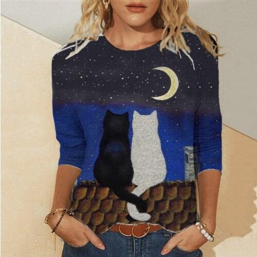 Women T-Shirts Short Sleeve Casual Tee Summer Two Cats Under The Moon Printed Fashion Tops Female Loose T-Shirt O-Neck Plus Size