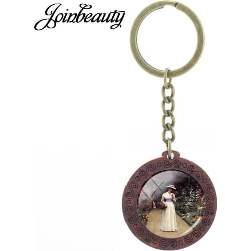 JOINBEAUTY Beautiful Women Picture Vintage Keychain Handmade Glass Cabochon Wooden Pendant Car Key Ring Jewelry Decoration PE01