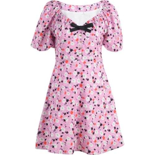Summer New Sexy Deep V-Neck Puff Sleeve Short Sleeve Sweet Pink Floral Mini Dress Women Fashion Elegant Party Holiday Clothes