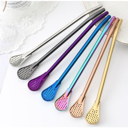 Stainless Steel metal Straw Filter Spoon Drinking Tea Cocktail Coffee Stirring Drinking Spoon Reusable Filter Bar Accessories