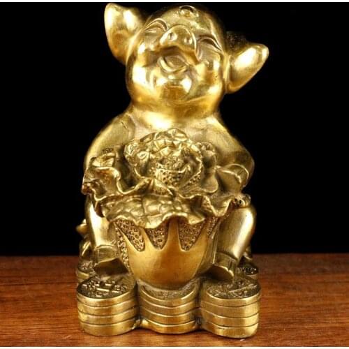Pig Copper figurine Zodiac Money Pig Mascot Holding Cabbage Hundred Wealth Ornaments Crafts antique home decor decoracion