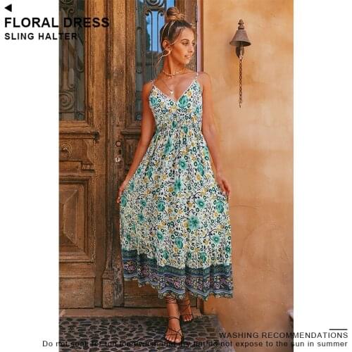 Fashionable Print Long Skirt Broken Flower Condole Belt Halter Back Sexy Dress Princess Skirt Bowknot Tie a Lady
